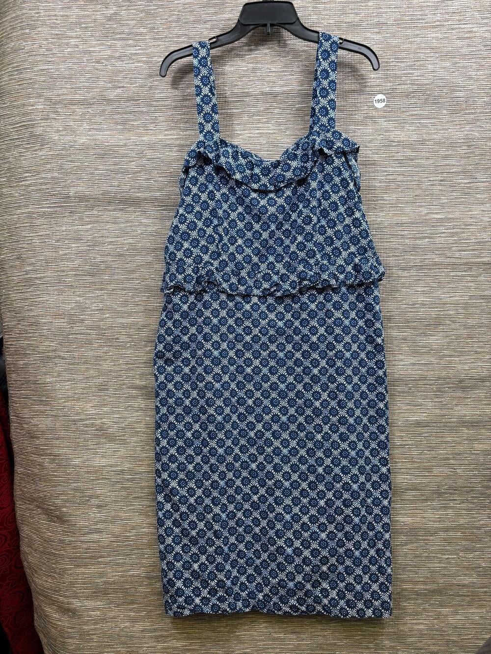 Ann Taylor Sundress Womens 16 Blue Geometric Ruffle Scoop Neck Lined Short Boho
